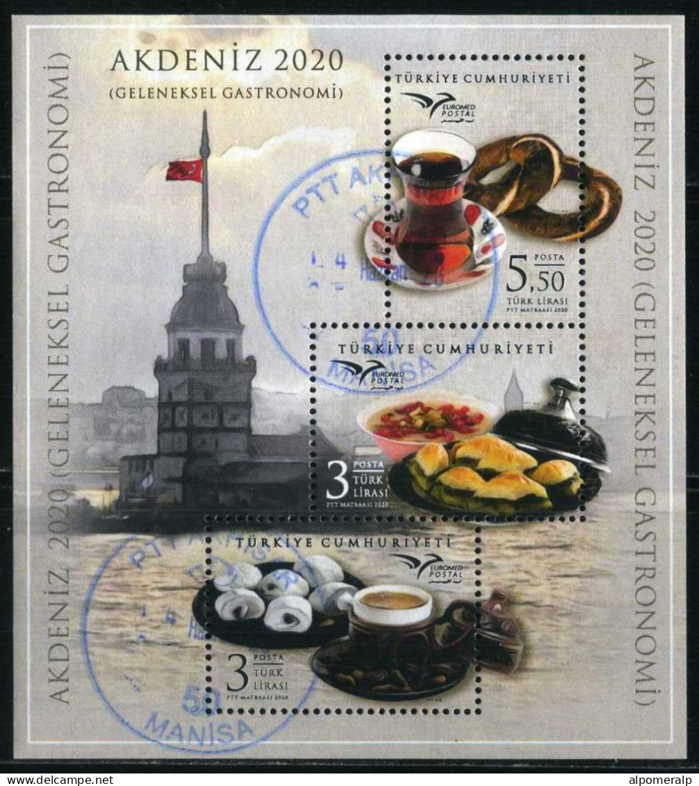 Türkiye 2020 Mi 4585-4587 EUROMED, Traditional Gastronomy, Food, Tea, Turkish Coffee, Lighthouse  [Block 201] - Oblitérés