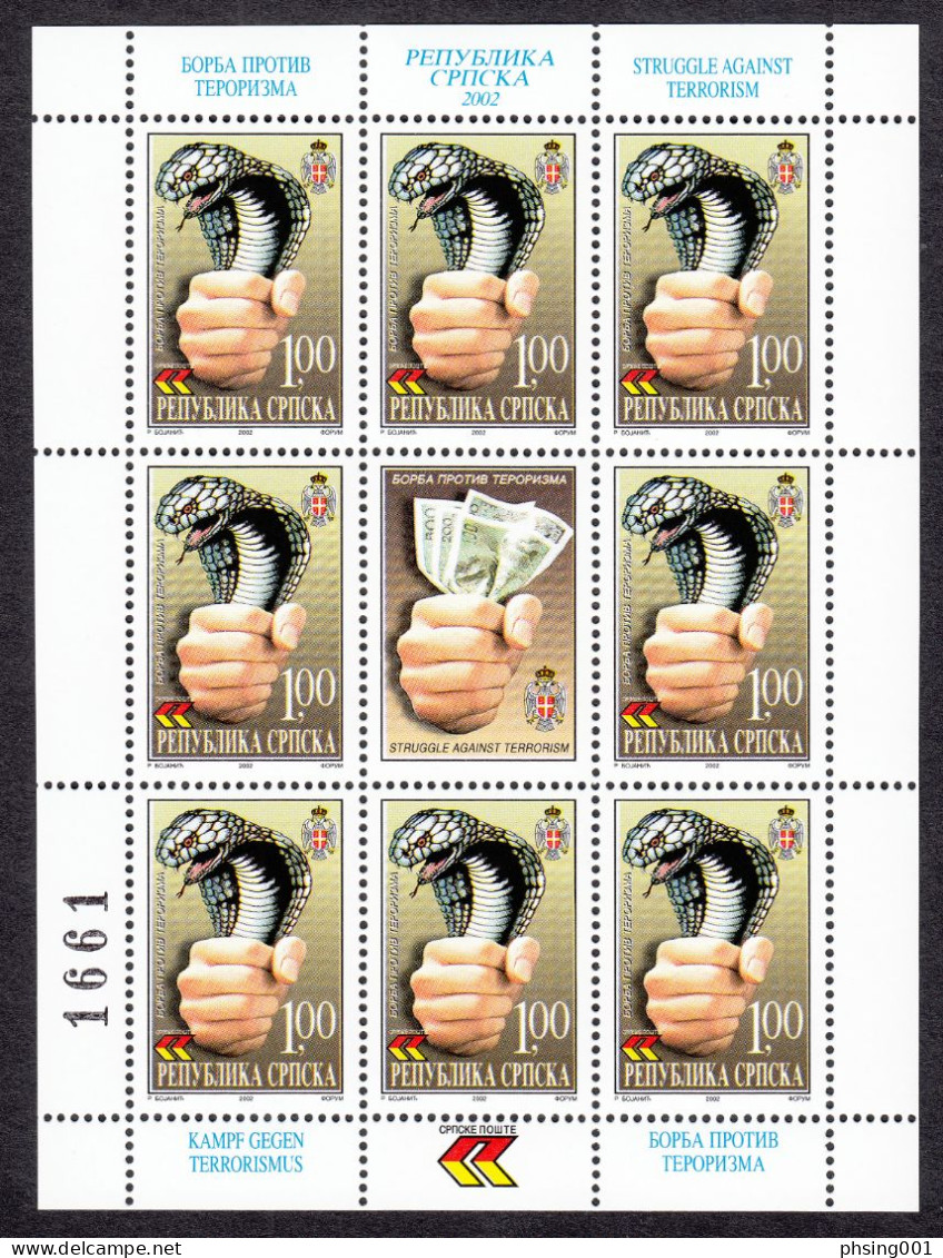 Bosnia Serbia 2002 Cobra Snakes Reptiles Fauna Antiterrorism, Mini Sheet MNH - Serpents