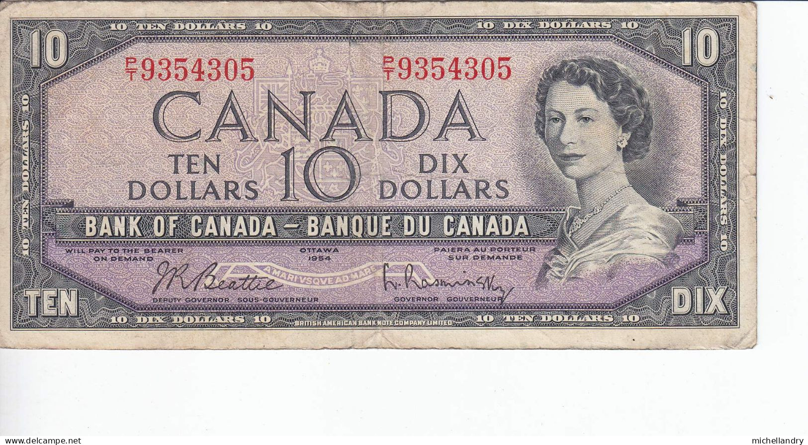 Monnaie (123261) Banque Du Canada 1954 Dix Dollars Série PT9354305 Beattie/Raminsky - Canada