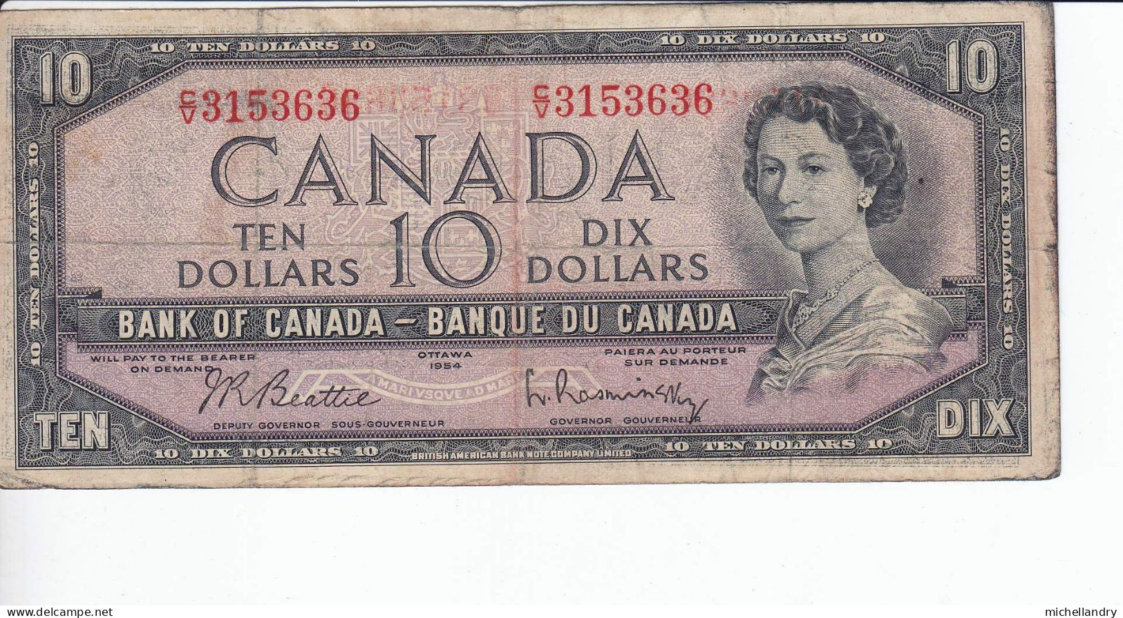 Monnaie (123262) Banque Du Canada 1954 Dix Dollars Série CV3153636  Beattie/Raminsky - Canada