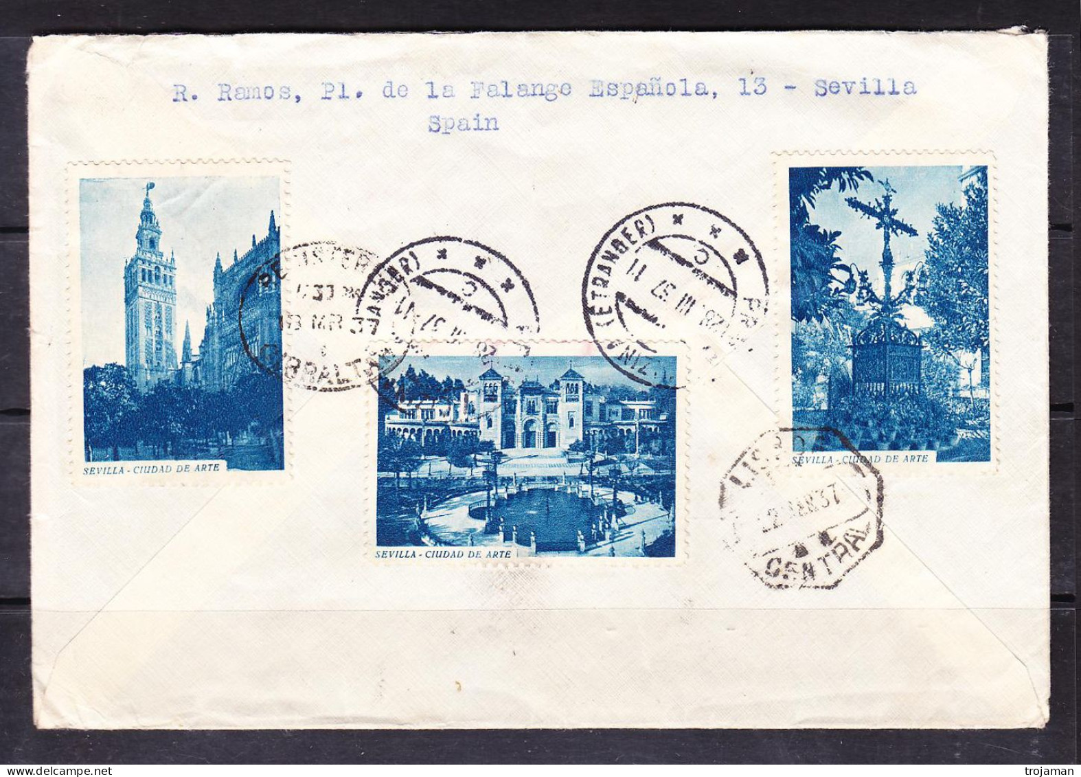 23-07 AVIA LETTER FROM GIBRALTAR TO JABLONEC NAD NISOU, CZECHOSLOVAKIA.  SPECIAL STAMPS ON COVER. - Gibraltar