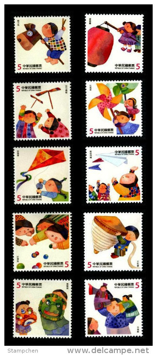 2013 & 2014 Taiwan Children Play Stamps Toy Lantern Plane Pinwheel Top Puppet Drama Horse Helicopter Kite Lion Dance Kid - Neufs