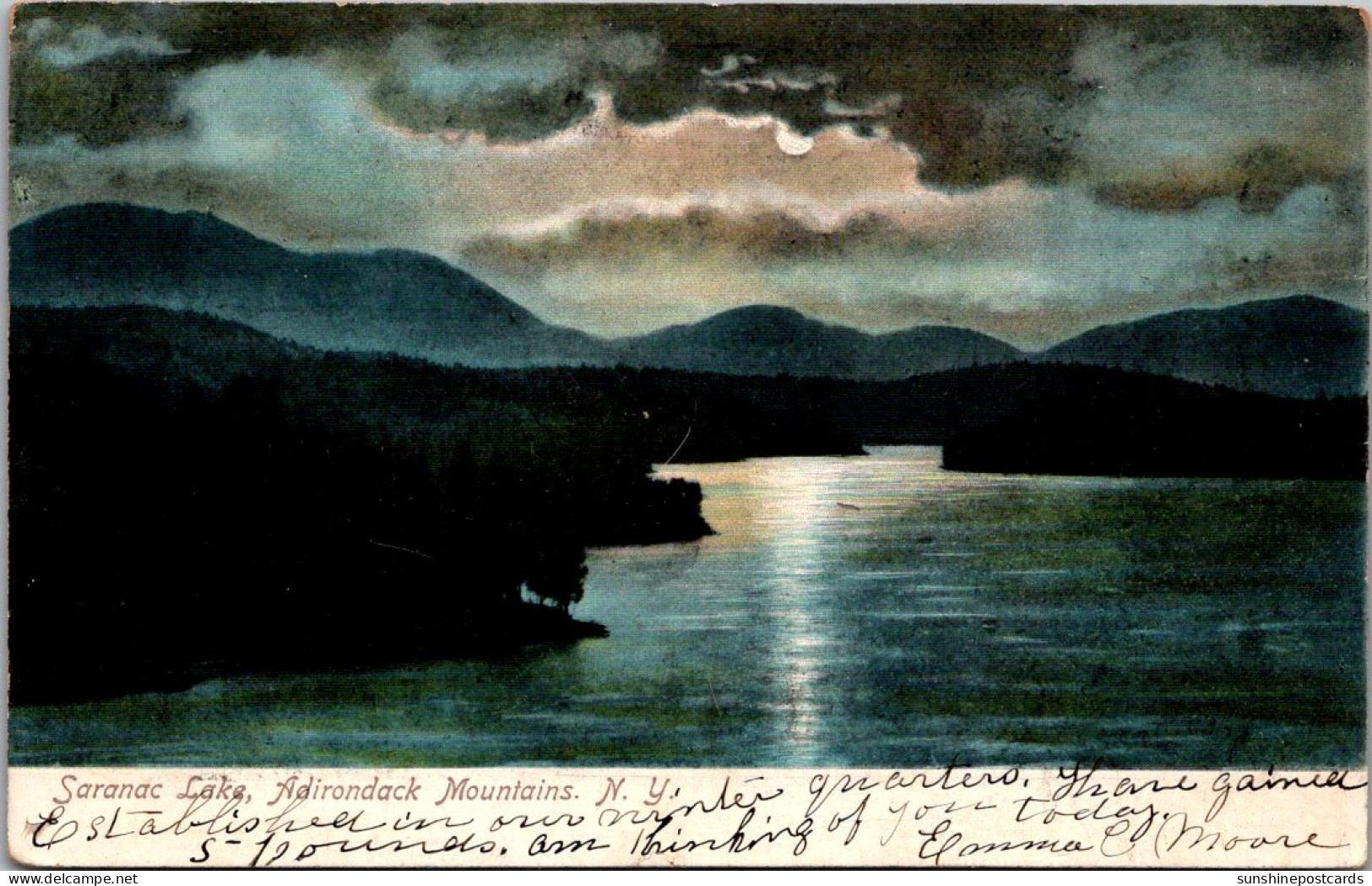 New York Adirondacks Moonlight On Saranac Lake 1907 - Adirondack