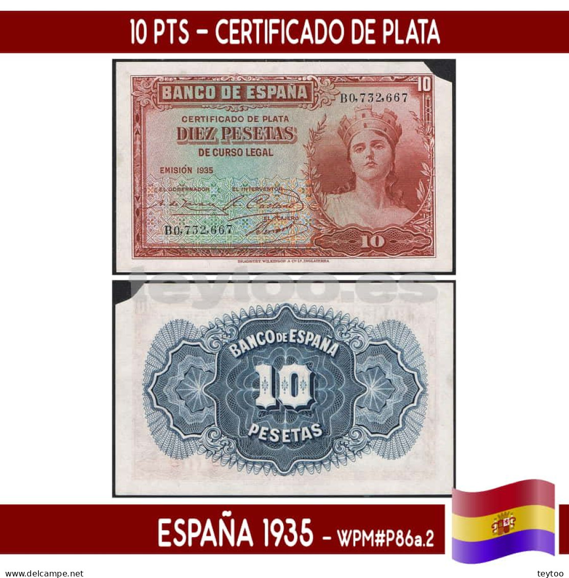 B0816.1# España 1935. 10 Pts. Certificado De Plata (UNC) WPM#P86a.2 - 10 Pesetas