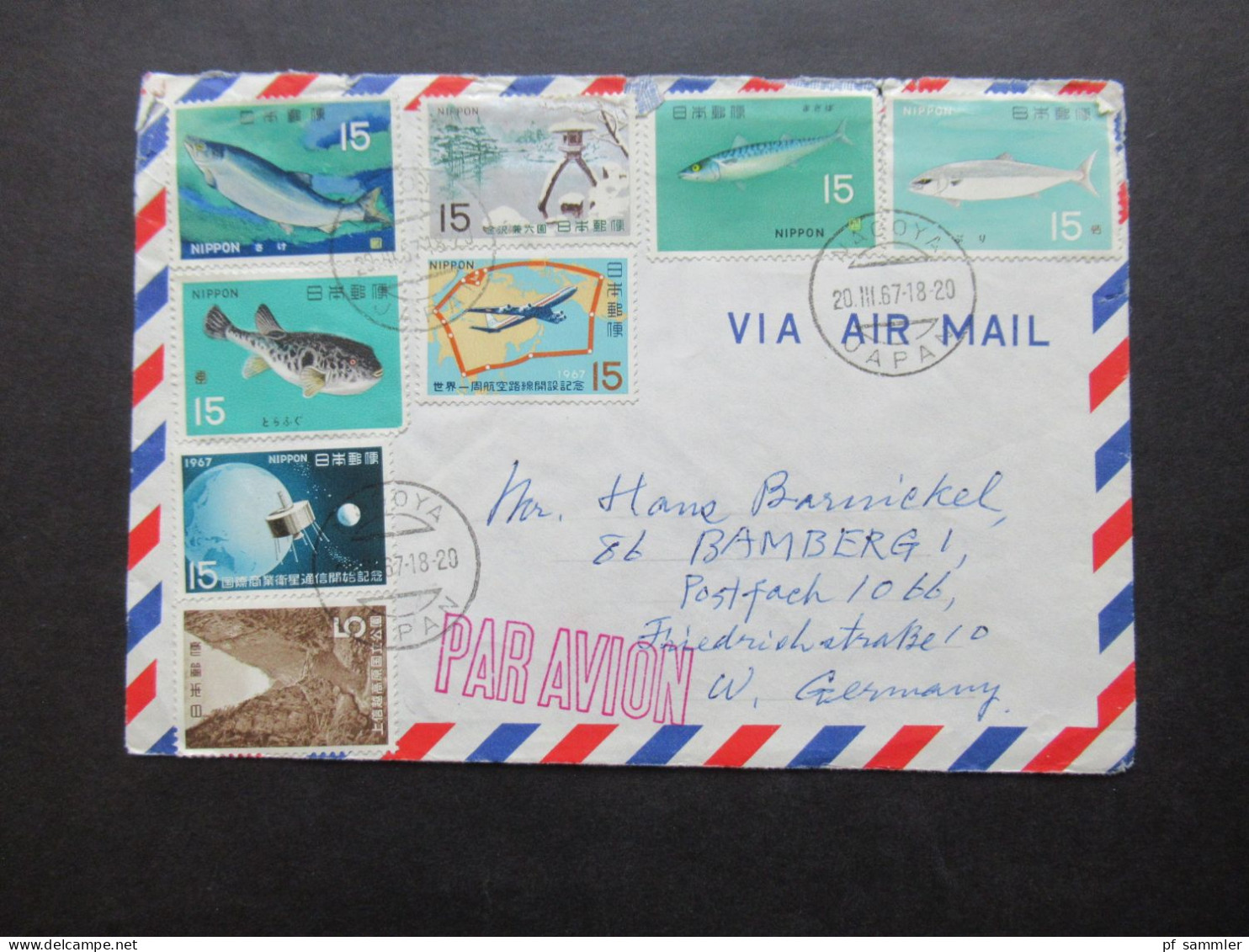 Japan Nippon 1968 Air Mail Nagoya - Bamberg Mit Tollen Motivmarken Tiere / Fische Und 1x Weltraum - Lettres & Documents