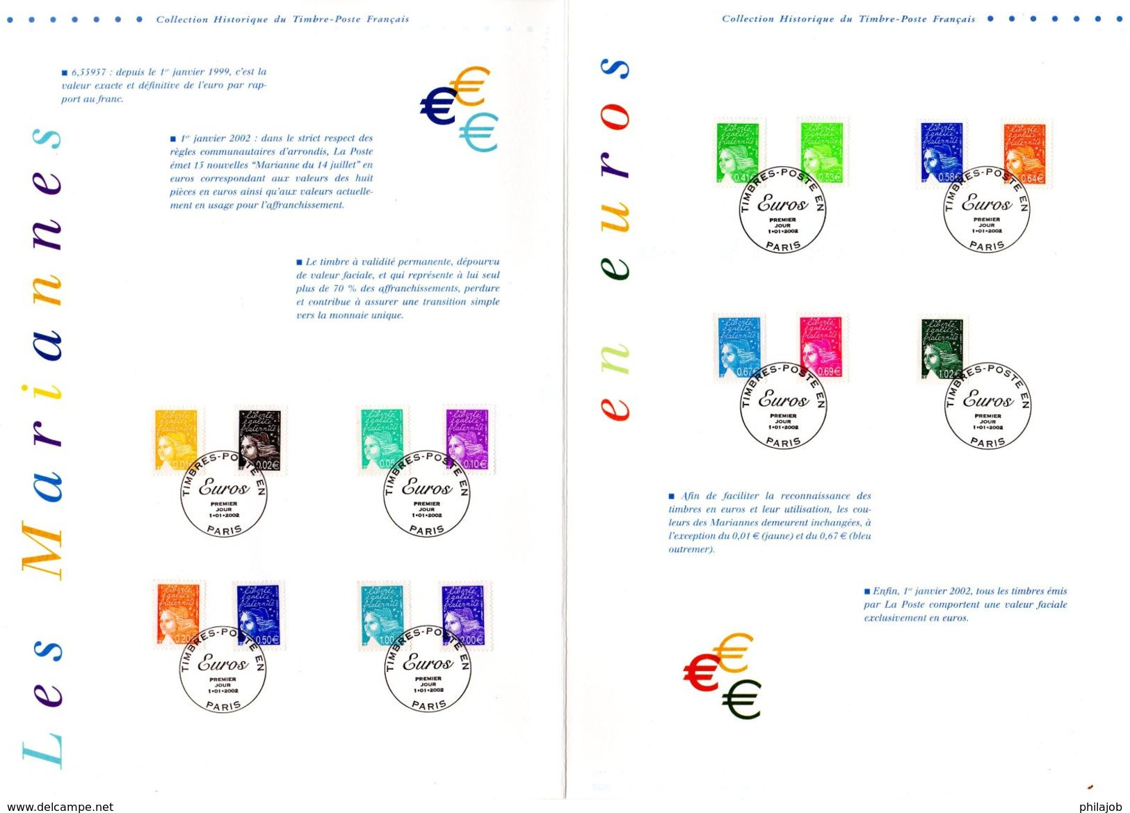 Sous La Faciale 8.42 &euro;. " LES MARIANNES EN EURO " Document Philatélique Officiel De 4 Pages De 2002  N°YT 3443 à 34 - 1997-2004 Marianne Du 14 Juillet