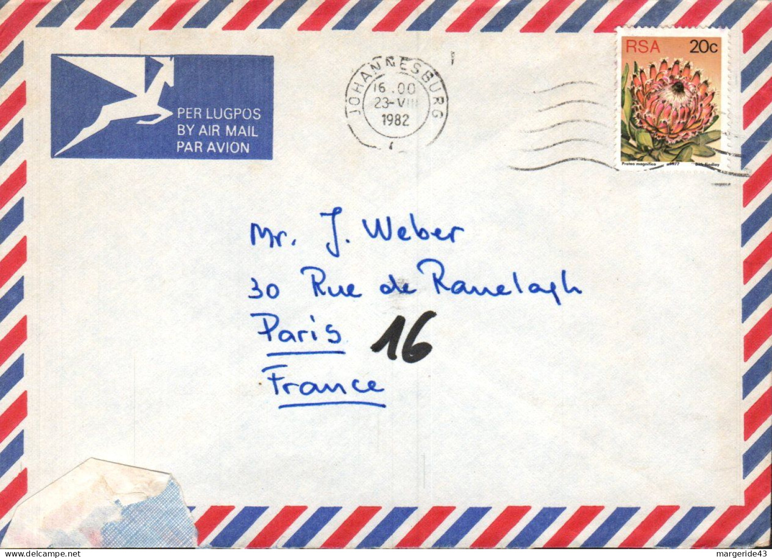 AFRIQUE DU SUD SEUL SUR LETTRE POUR LA FRANCE 1982 - Briefe U. Dokumente