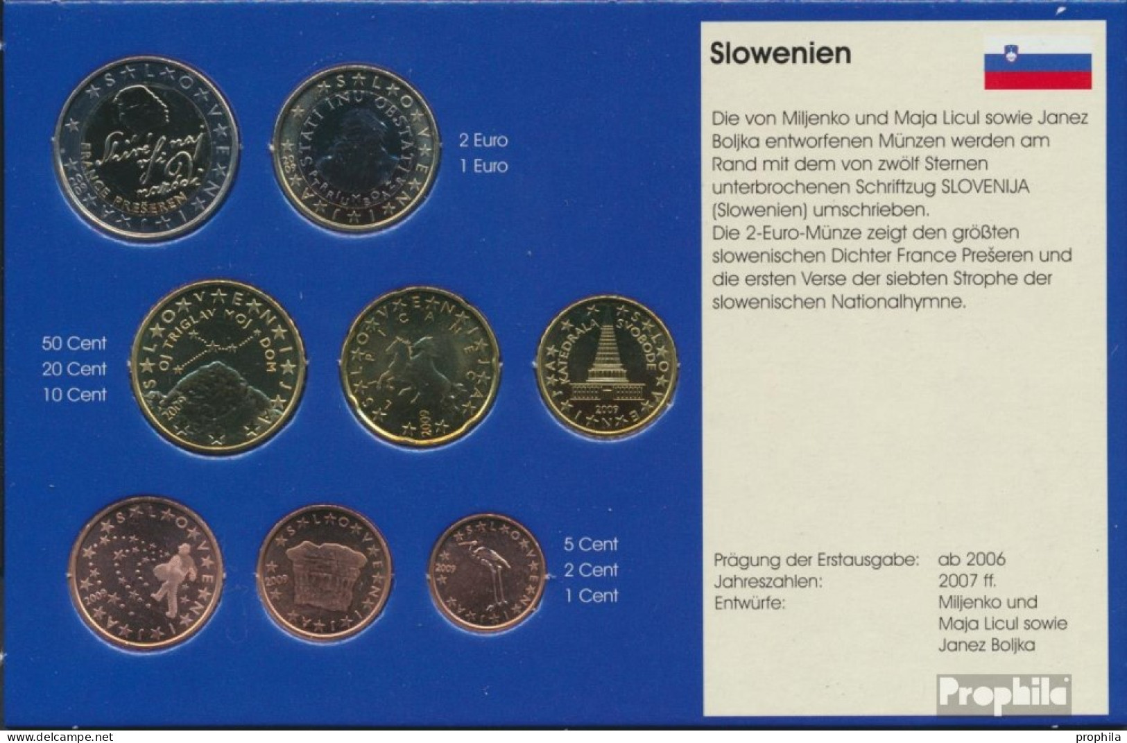 Slowenien 2009 Stgl./unzirkuliert Kursmünzensatz Stgl./unzirkuliert 2009 Euro-Nachauflage - Slovenia