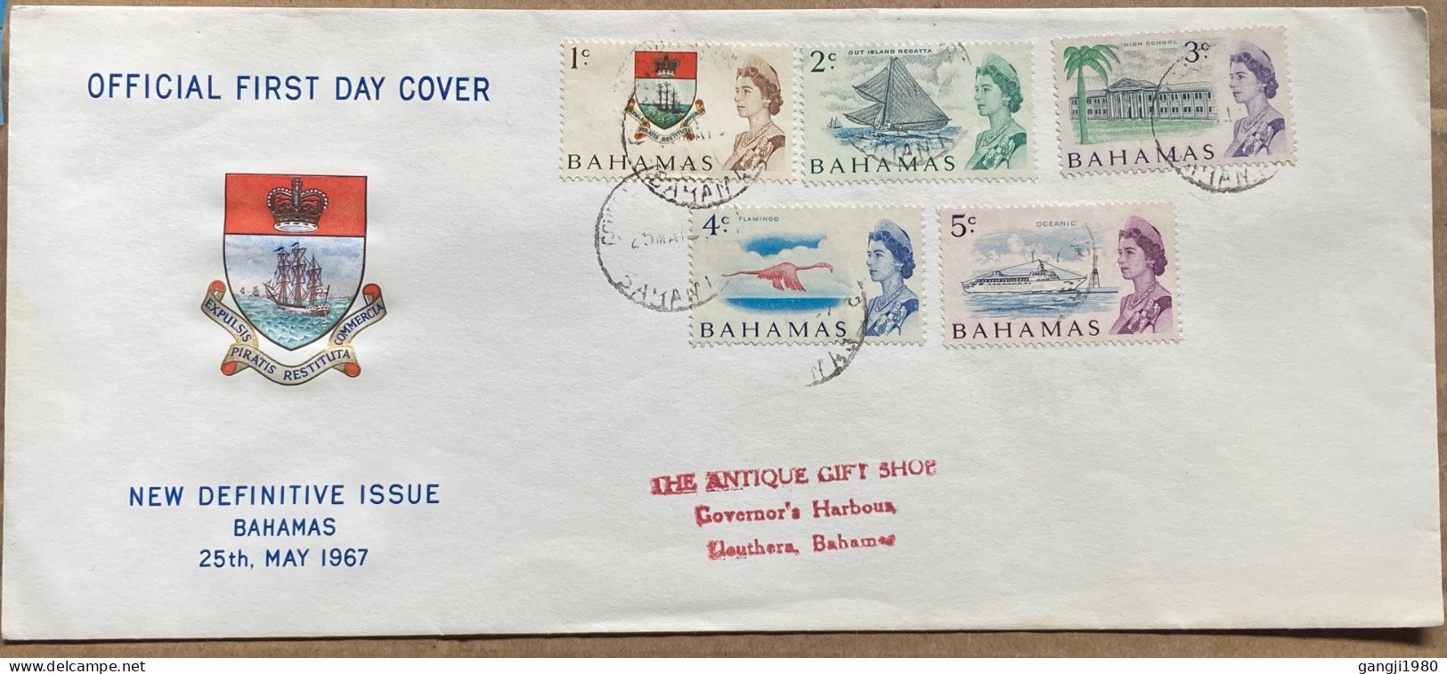BAHAMA -1967, FDC COVER ILLUSTRATE, 5 DIFF STAMP COLONY BADGE, QUEEN, HIGHSCHOOL, FLEMINGO BIRD, OCEANIC, SHIP. - 1963-1973 Ministerial Government