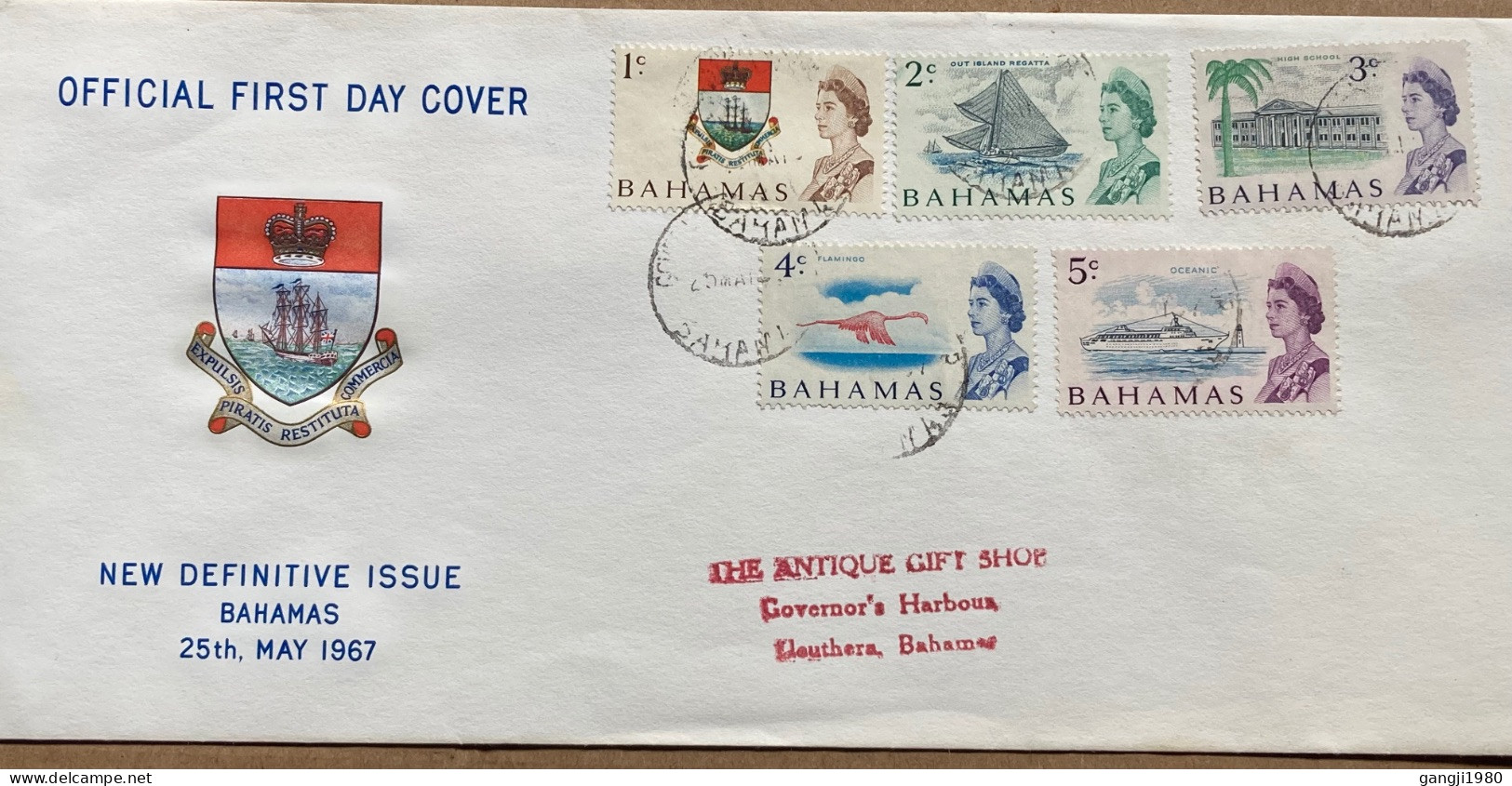 BAHAMA -1967, FDC COVER ILLUSTRATE, 5 DIFF STAMP COLONY BADGE, QUEEN, HIGHSCHOOL, FLEMINGO BIRD, OCEANIC, SHIP. - 1963-1973 Autonomía Interna