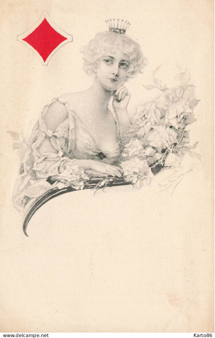 Cartes à Jouer Jeu De Carte * 2 CPA Illustrateur * La Dame De Carreau & La Dame De Coeur * Art Nouveau Jugendstil - Cartes à Jouer