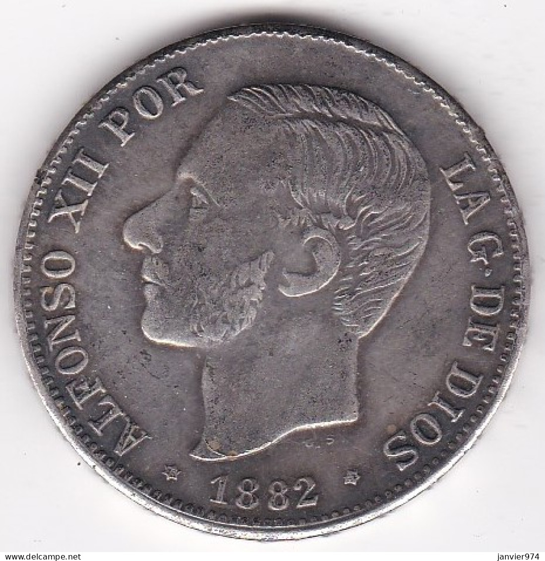 Fausse - False . 5 Pesetas 1882 PG.M. Alfonso XII , 38 Mm, 21,3 G , Magnétique - Fausses Monnaies