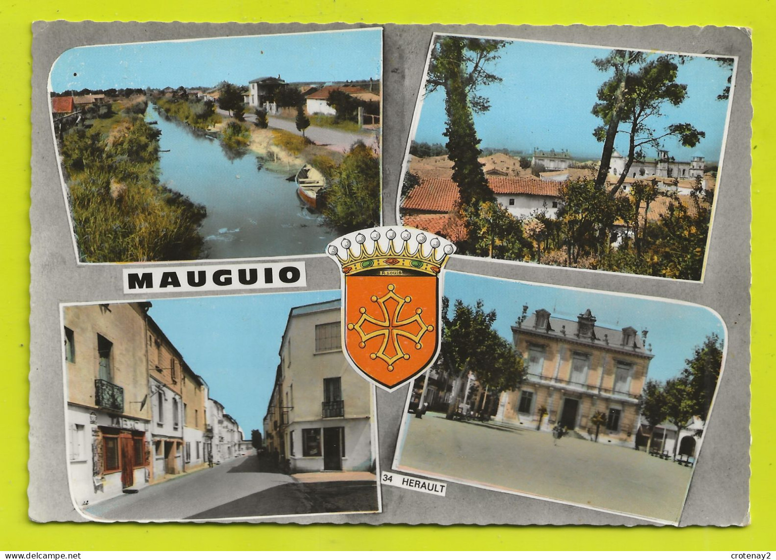 34 MAUGUIO N°3 En 4 Vues Et Blason En 1966 VOIR ZOOM Tabac PUB Mazda Hôtel VOIR DOS - Mauguio