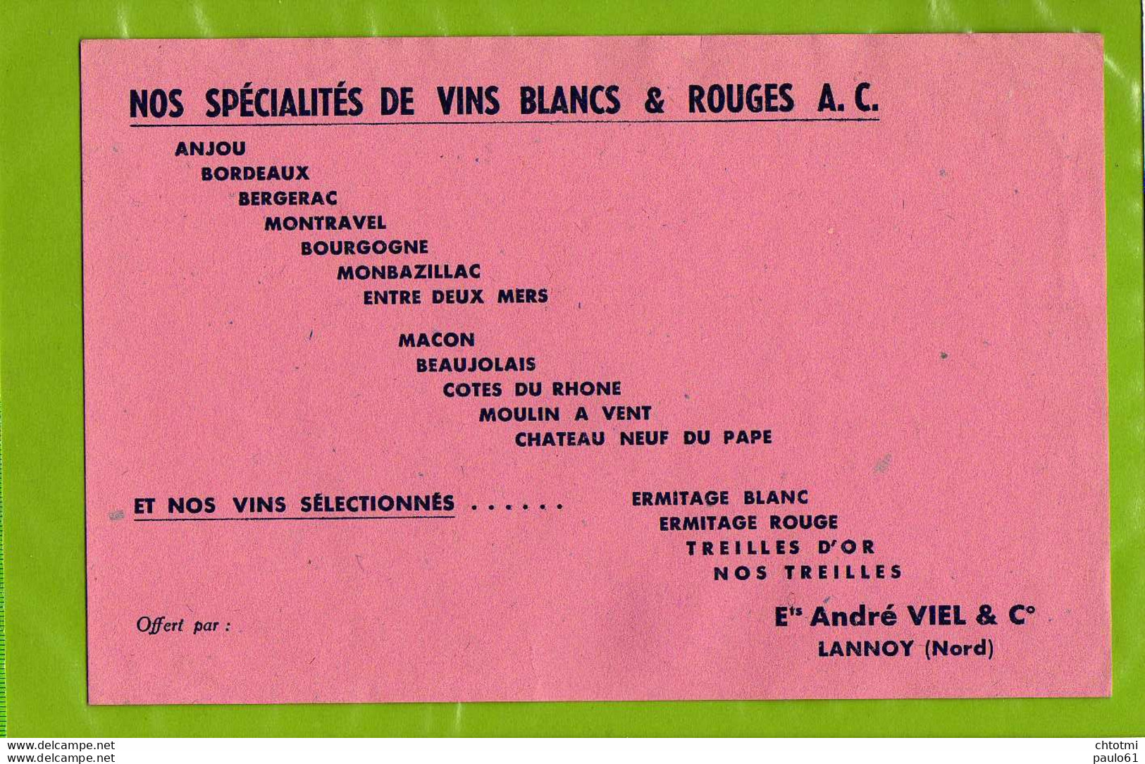 BUVARD : Specialités De Vins Blancs &amp;Rouges Andre Viel LANNOY - Liqueur & Bière
