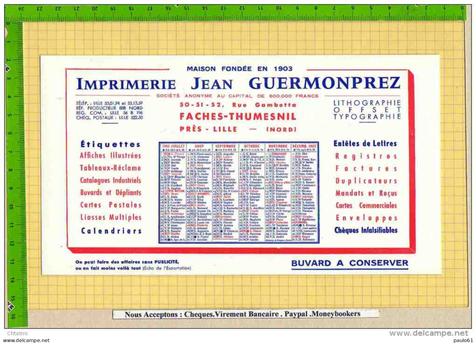 BUVARD : Imprimerie JEAN GUERMONPREZ  LILLE - Cartoleria