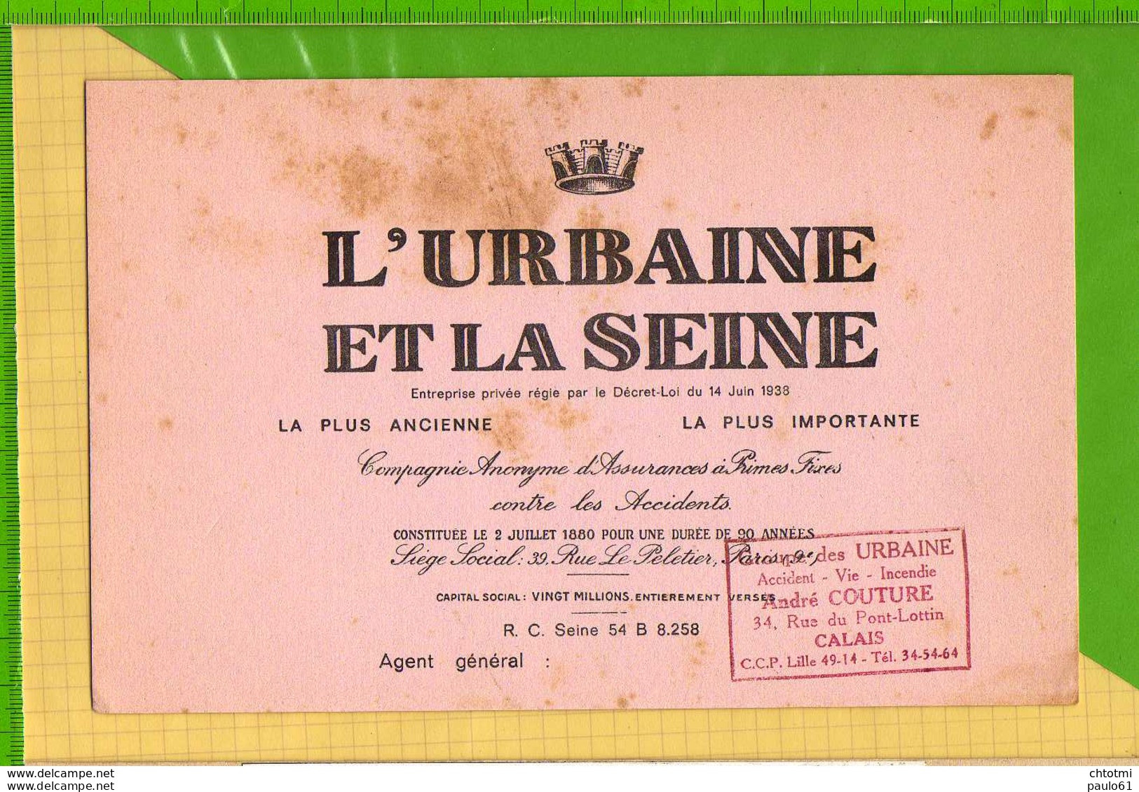 Buvard & Blotting Paper :L'URBAINE Et La SEINE  Assurance André Couture CALAIS - Banca & Assicurazione