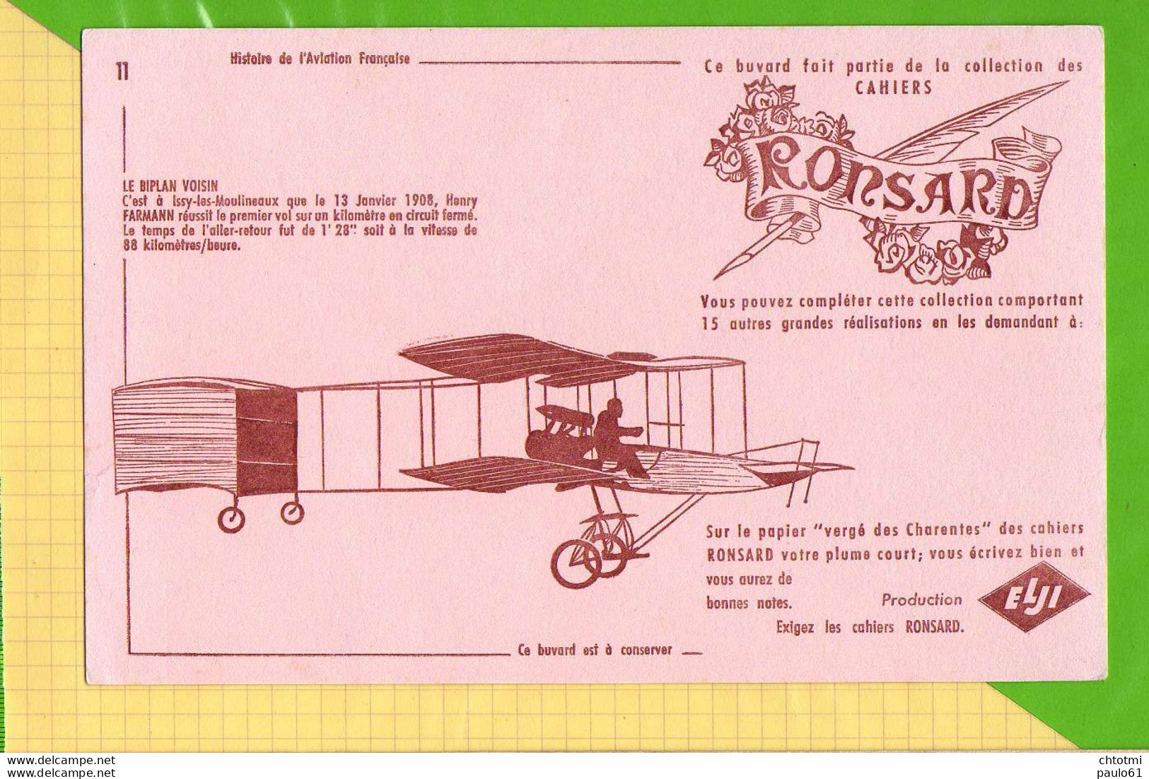 BUVARD : Cahiers RONSARD Aviation  LE BIPLAN VOISIN N°11 - Stationeries (flat Articles)