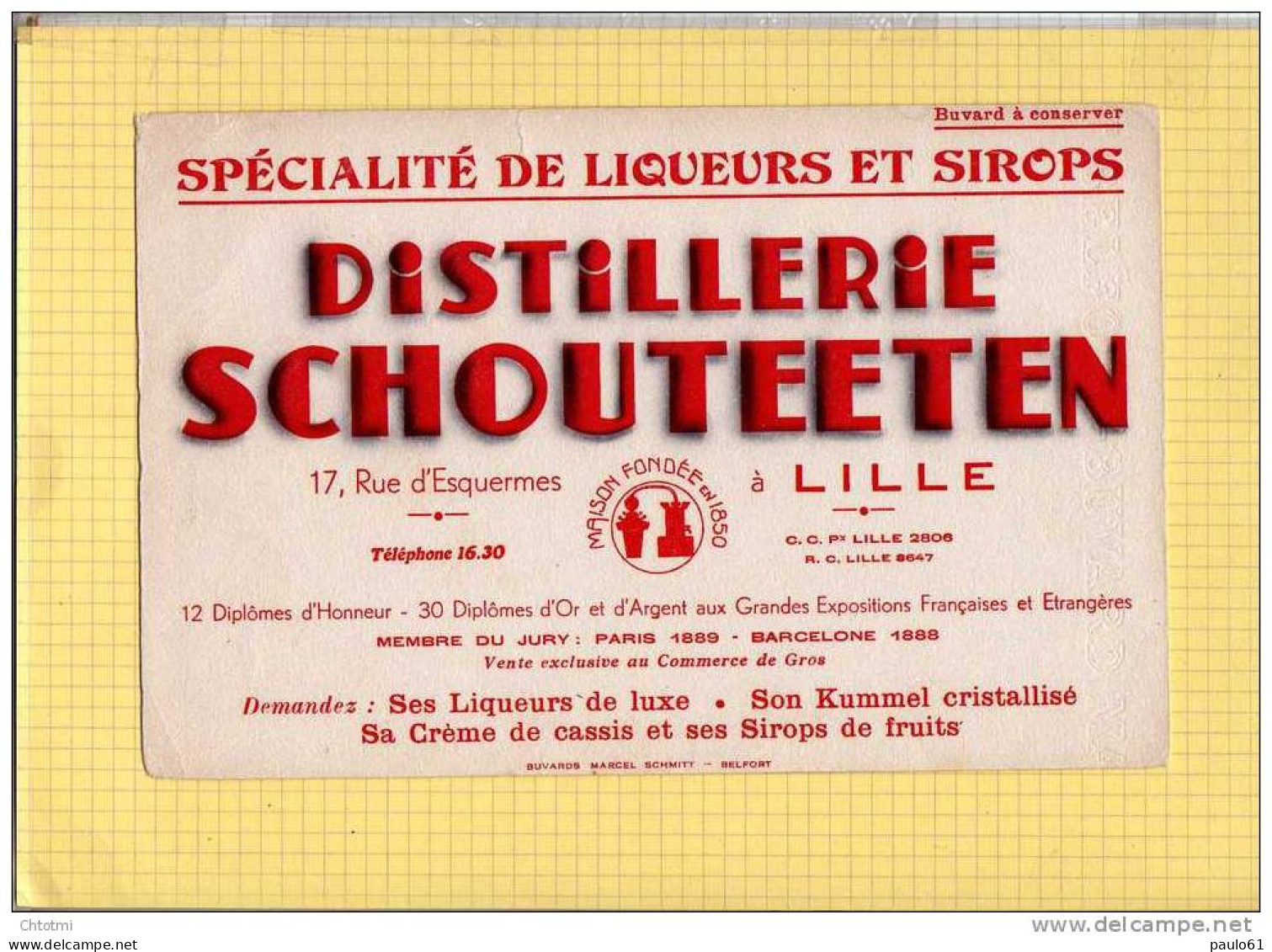 BUVARD  :Distillerie SCHOUTEETEN Lille   Grand Format - Drank & Bier