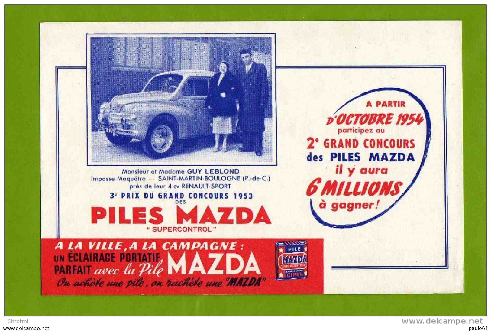 BUVARD :Piles MAZDA  4CV Renault Sport  SAINT MARTIN BOULOGNE - Accumulators