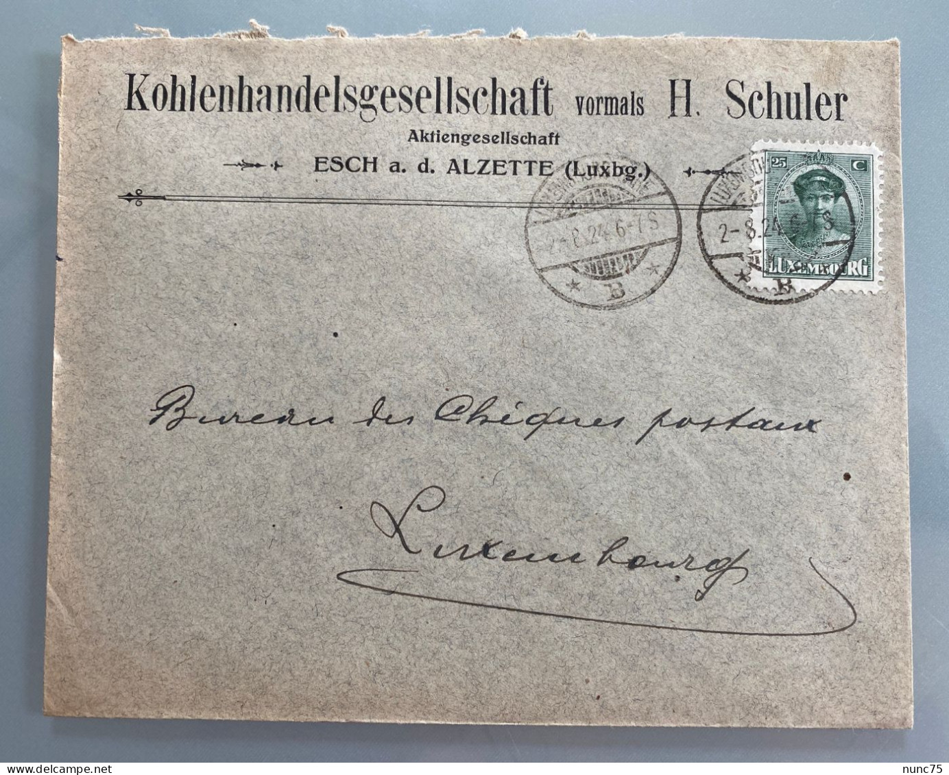 Facture / Enveloppe Ancienne ESCH SUR ALZETTE Luxembourg  1924 KOHLENHANDLUNG SCHULER - Luxembourg