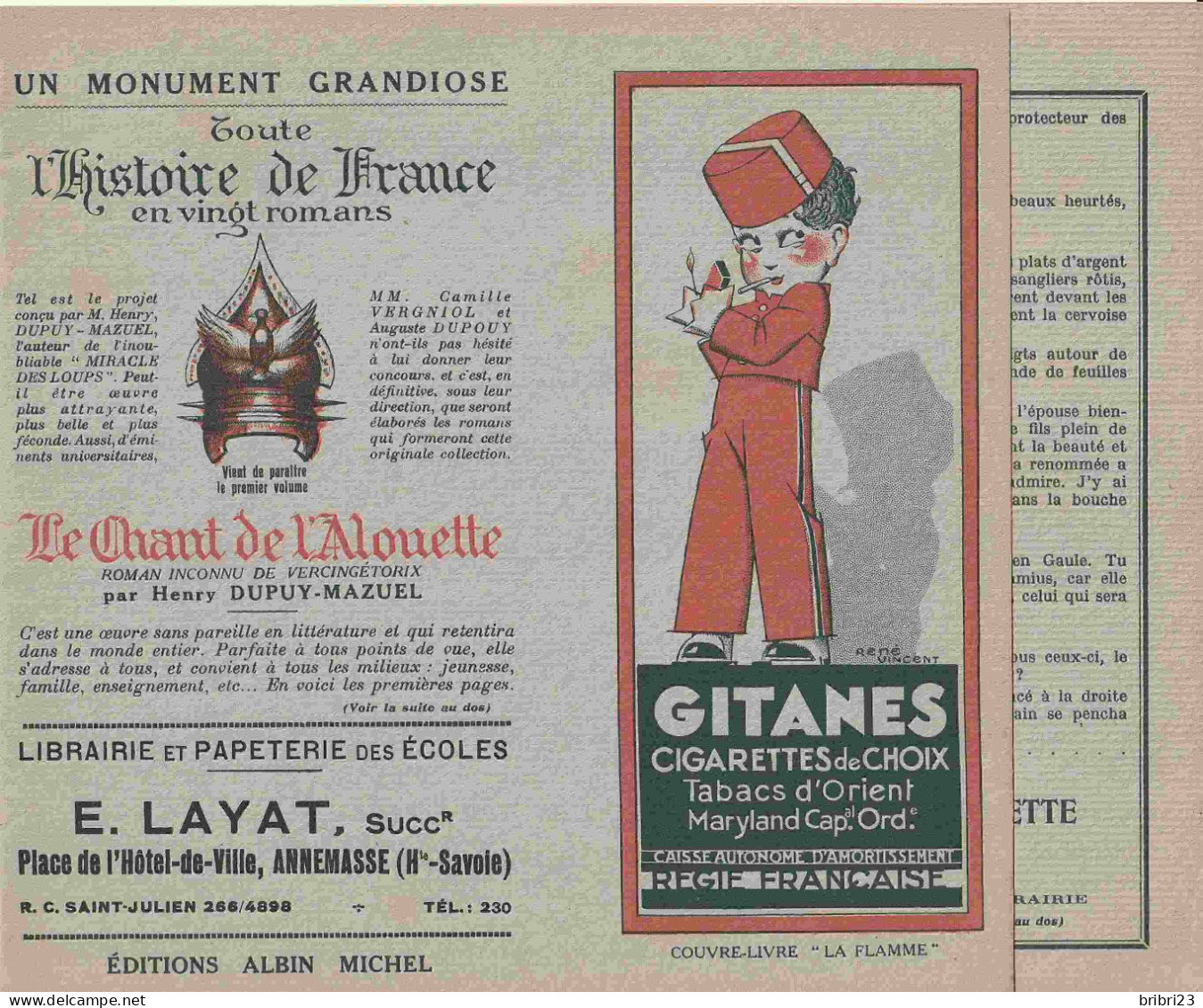 COUVRE-LIVRE " LA FLAMME " PUBLICITE LIBRAIRIE Annemasse - CIGARETTES GITANES BALTO - Tabac & Cigarettes