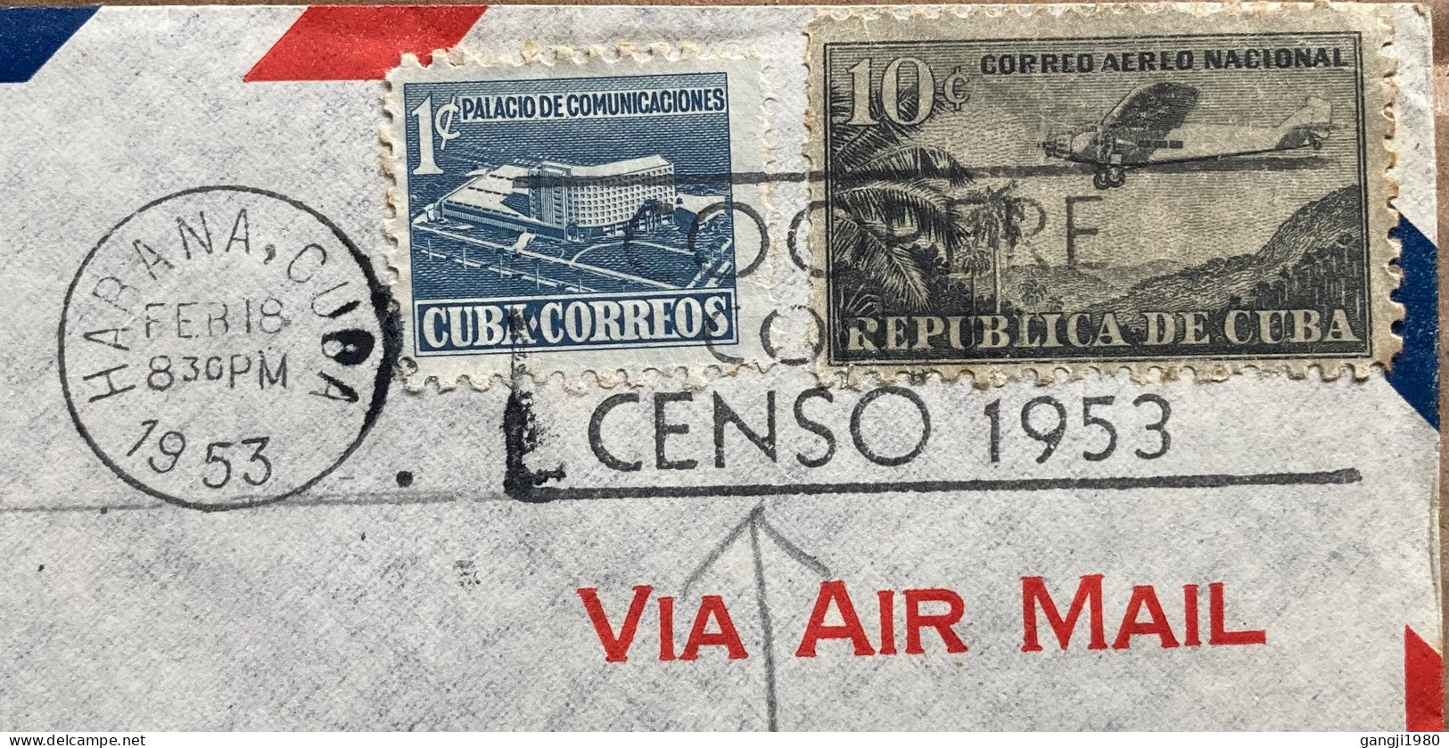 CUBA 1953, ILLUSTRATE COVER, HOTEL LINCOLN, USED TO USA, COOPERATE FOR CENSUS, MACHINE SLOGAN, BUILDING, AIR PLANE, HABA - Storia Postale