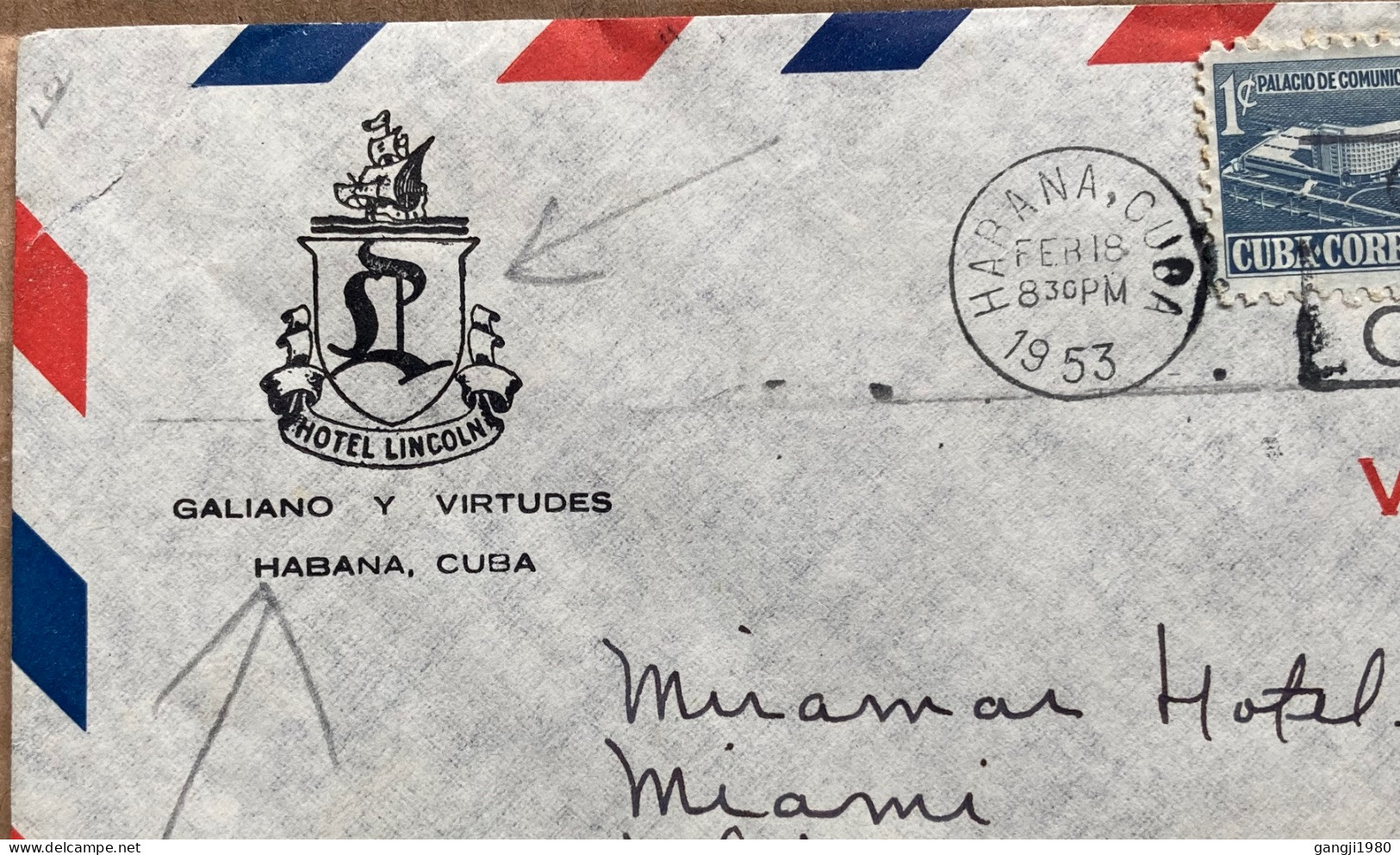 CUBA 1953, ILLUSTRATE COVER, HOTEL LINCOLN, USED TO USA, COOPERATE FOR CENSUS, MACHINE SLOGAN, BUILDING, AIR PLANE, HABA - Storia Postale