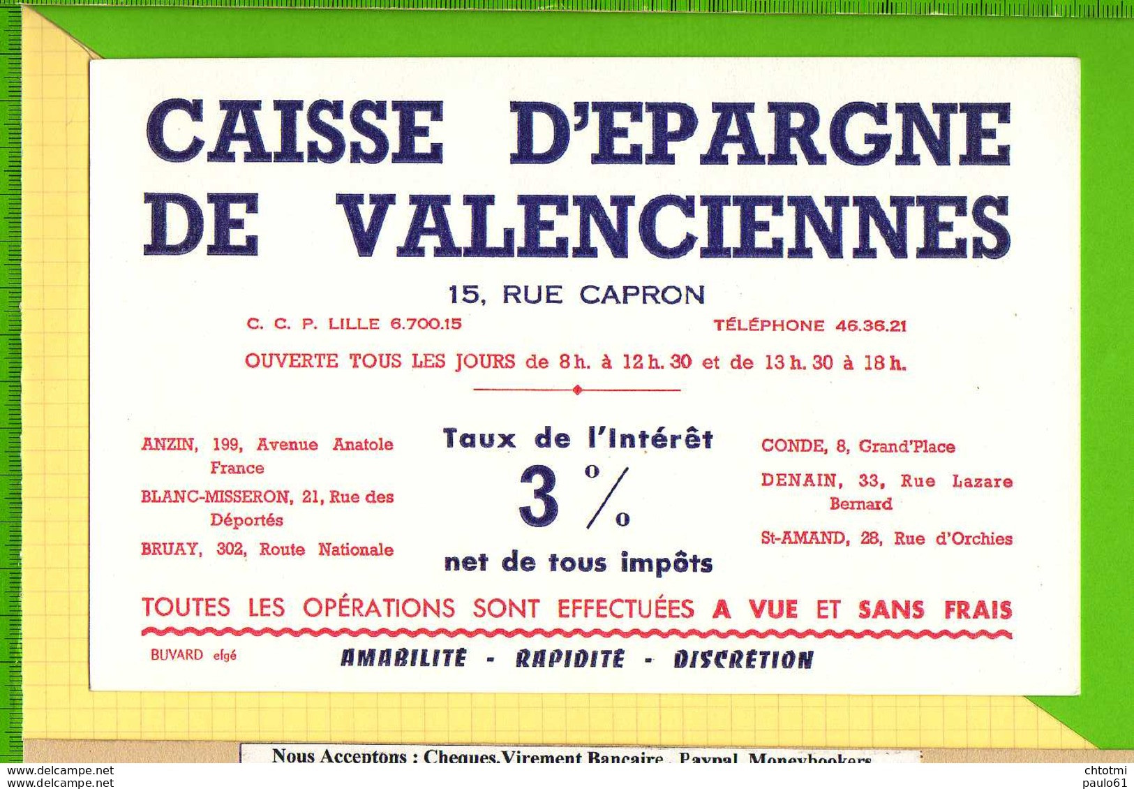 Buvard & Blotting Paper :Caisse D'Epargne De Valenciennes Bleu - Bank & Versicherung