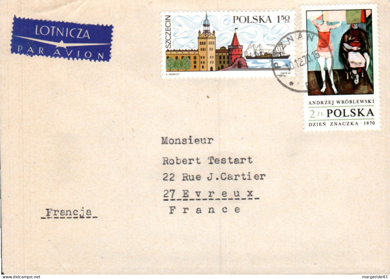 POLOGNE AFFRANCHISSEMENT COMPOSE SUR LETTRE AVION POUR LA FRANCE 1970 - Storia Postale