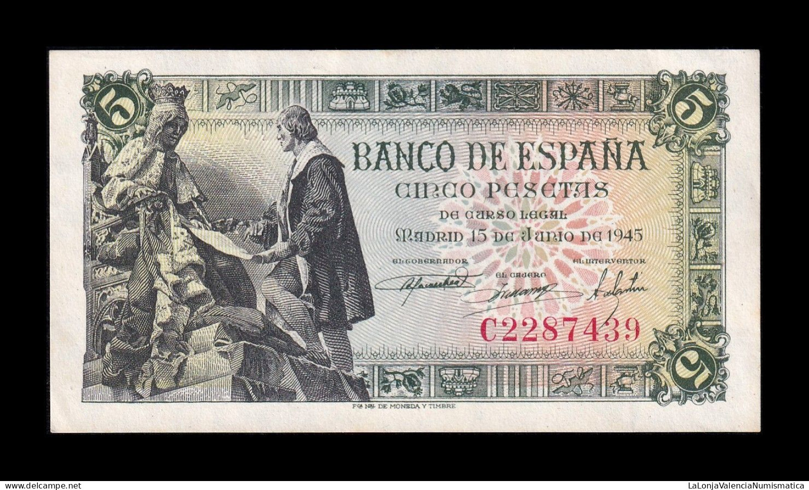 España Spain 5 Pesetas Capitulaciones 1945 Pick 129a Serie C Sc Unc - 5 Pesetas