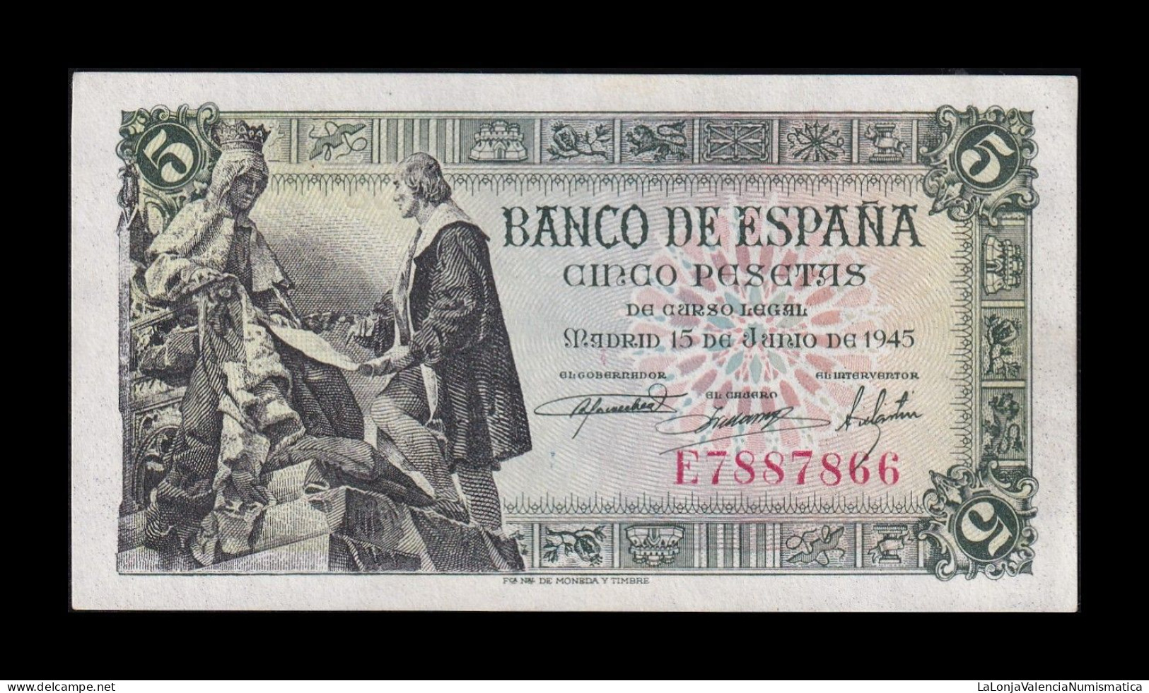 España Spain 5 Pesetas Capitulaciones 1945 Pick 129a Serie E Sc Unc - 5 Peseten