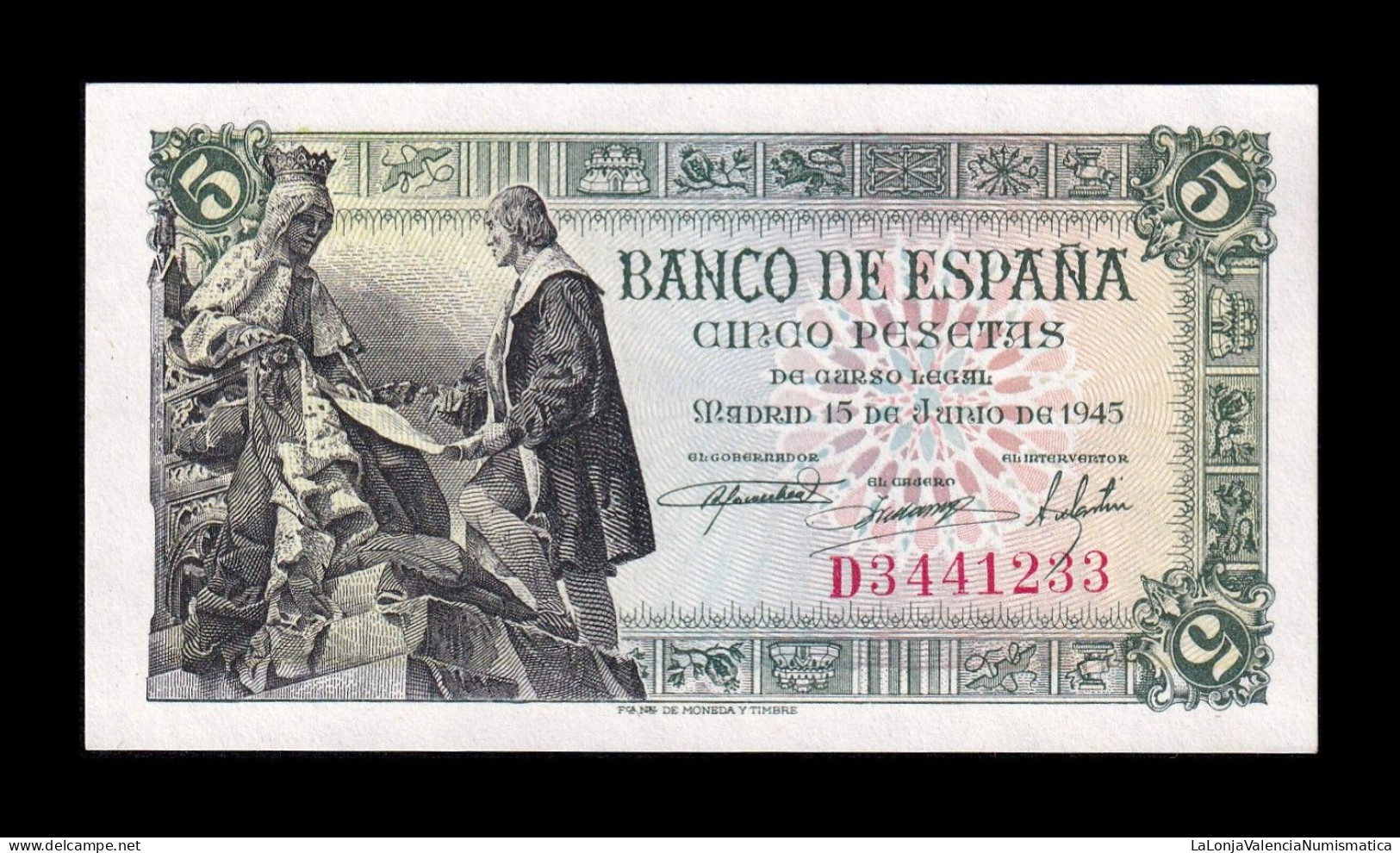 España Spain 5 Pesetas Capitulaciones 1945 Pick 129a Serie D Sc Unc - 5 Pesetas