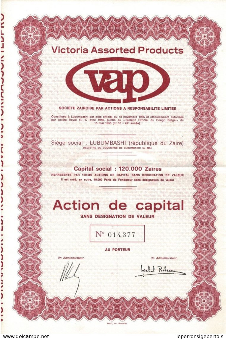 Titre De 1968 - Victoria Assorted Products - Société Zaïroise Par Actions à Responsabilité Limitée N° 014.374 - Africa