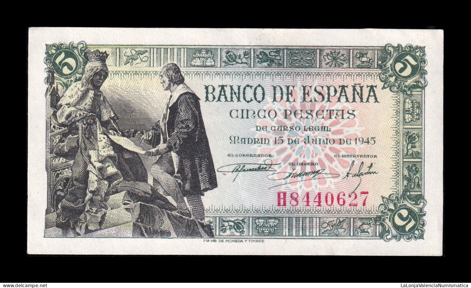 España Spain 5 Pesetas Capitulaciones 1945 Pick 129a Serie H Sc- AUnc - 5 Peseten