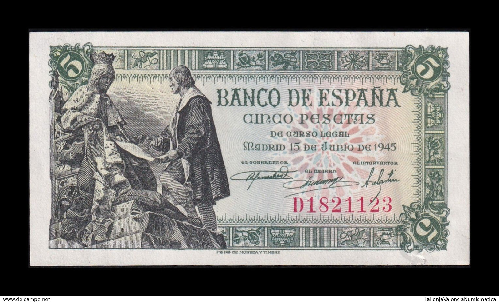 España Spain 5 Pesetas Capitulaciones 1945 Pick 129a Serie D Sc- AUnc - 5 Peseten