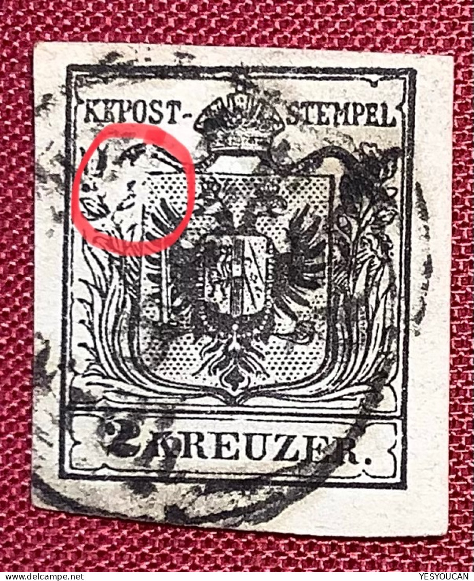 PLATTENFEHLER / PLATE FLAW Österreich 1850 2Kr Schwarz MP Gestempelt (Austria Variety Autriche Variété Abart - Oblitérés