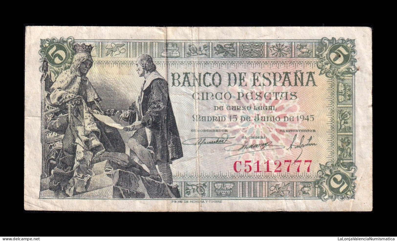 España Spain 5 Pesetas Capitulaciones 1945 Pick 129a Serie C Bc/Mbc F/Vf - 5 Pesetas