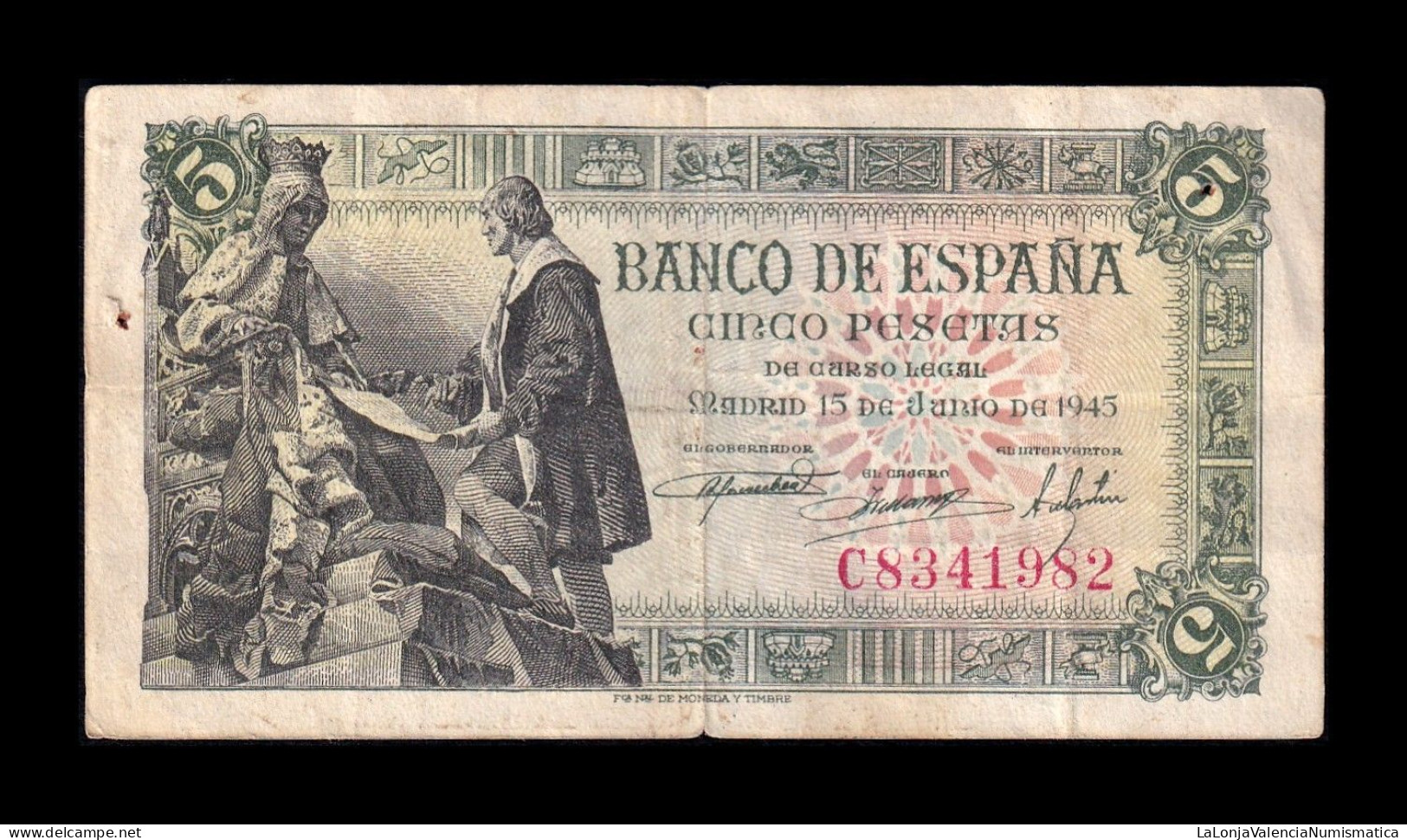 España Spain 5 Pesetas Capitulaciones 1945 Pick 129a Serie C Bc/Mbc F/Vf - 5 Pesetas