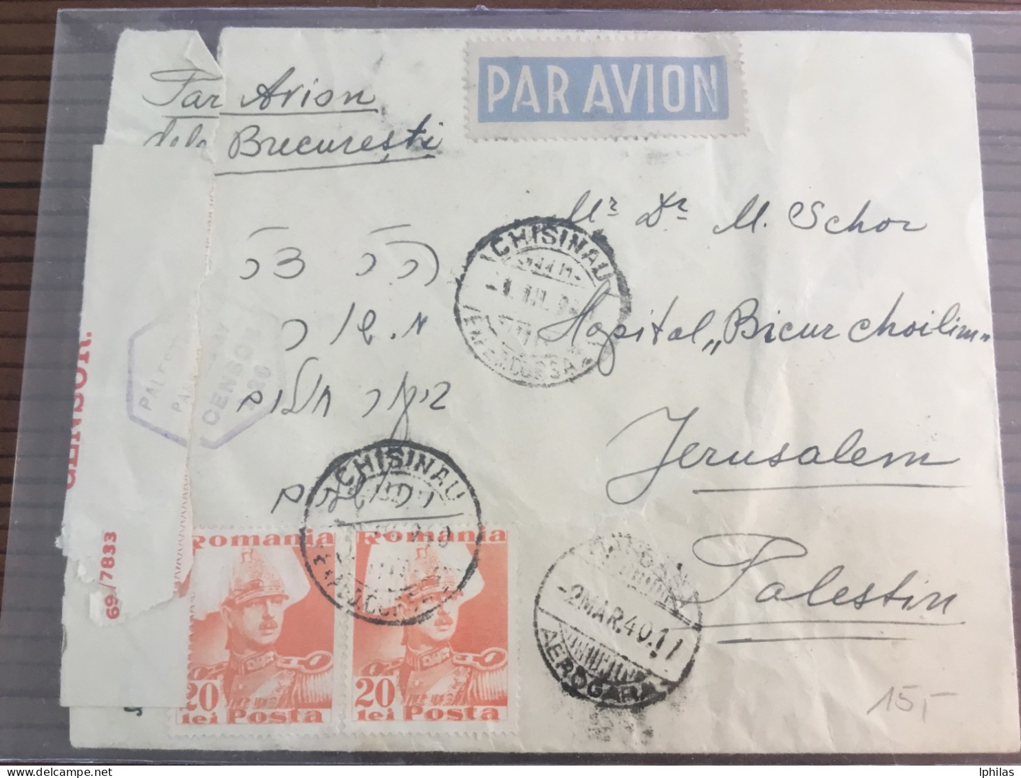 Rumänien Nach Palästina 1940 Zensur - Cartas De La Segunda Guerra Mundial