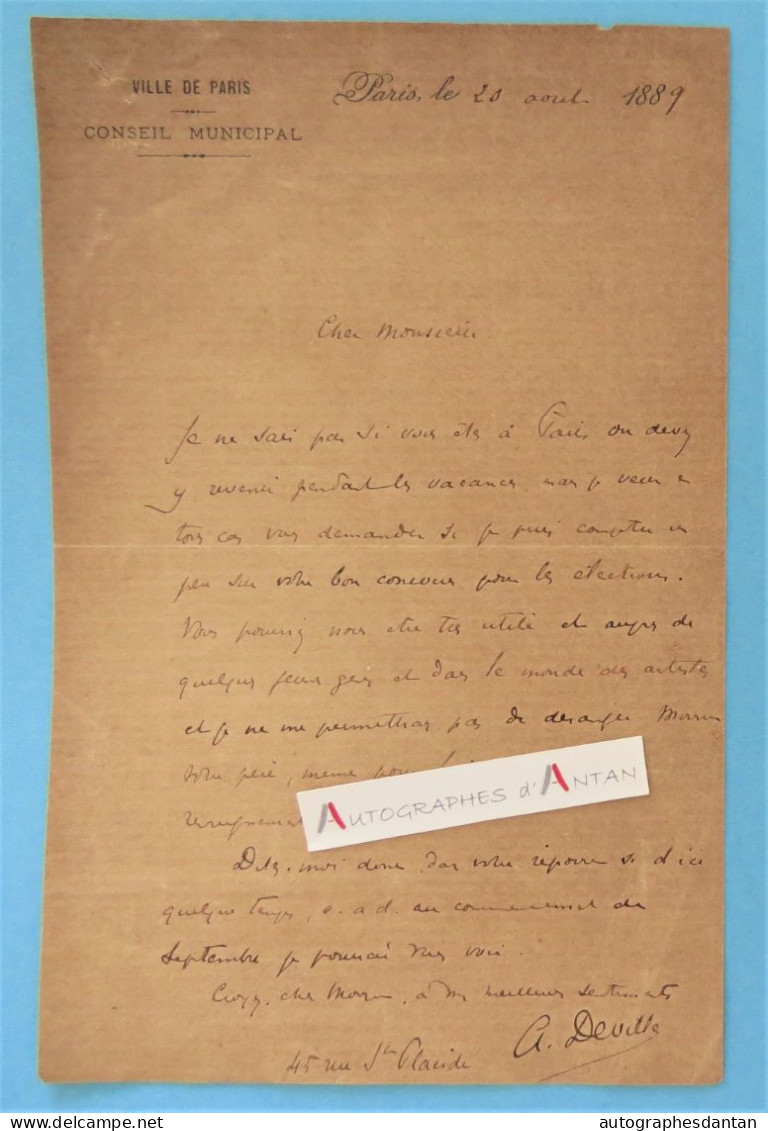 ● L.A.S 1889 Alphonse DEVILLE - Conseil Municipal De Paris - Né à Dole - élections - Lettre Autographe - Politisch Und Militärisch