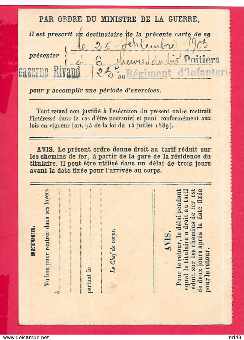Ordre D'appel Sous Les Drapeaux, Classe 1889, Poitiers, Caserne Rivaud, 125e Régiment D'infanterie, Voir Scannes - Bandiere