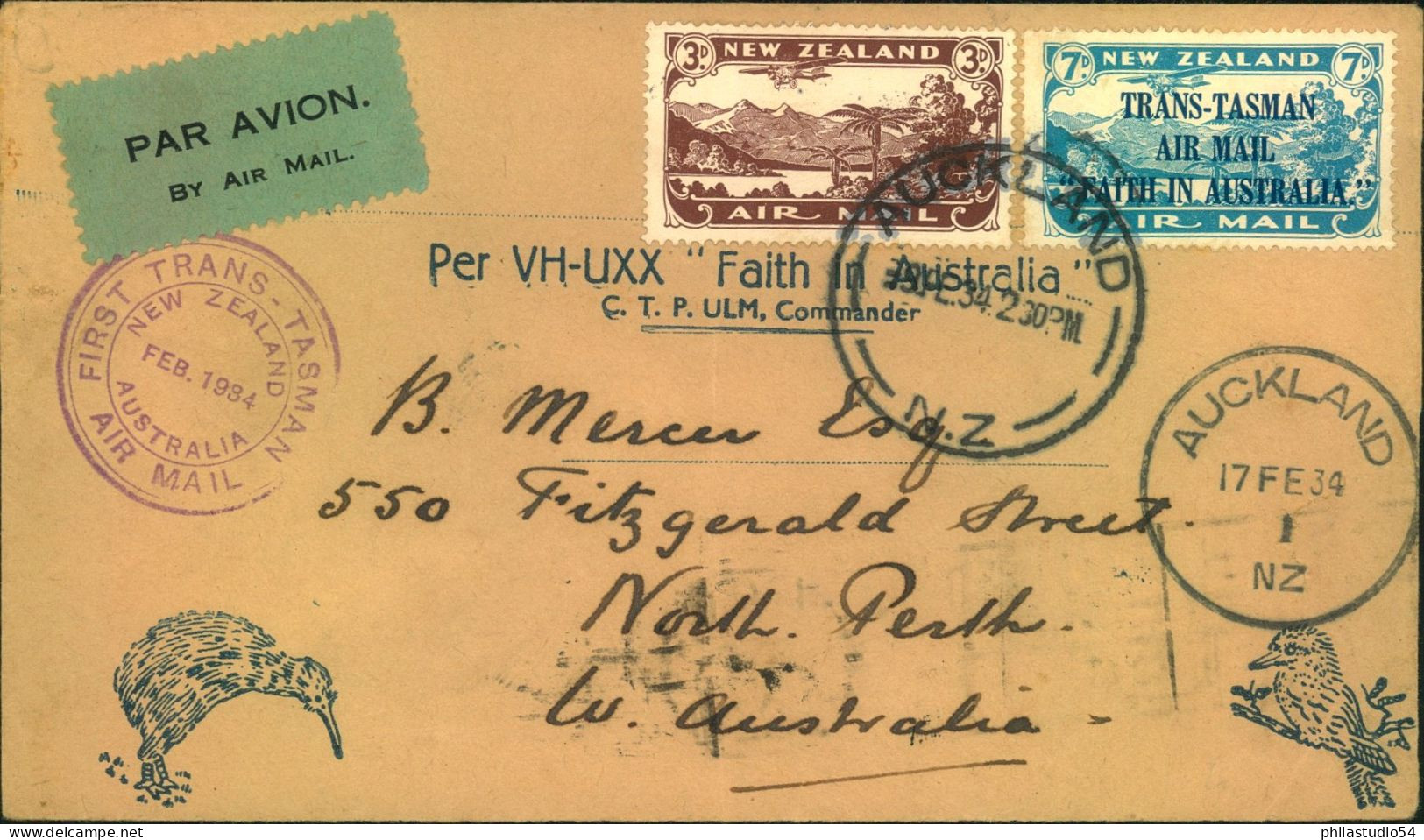 1934: "First TRANS-TASMAN AIRMAIL Auckland-North Perth" With Arrival On Reverse And Special Flight Cachet On Fro - Luftpost