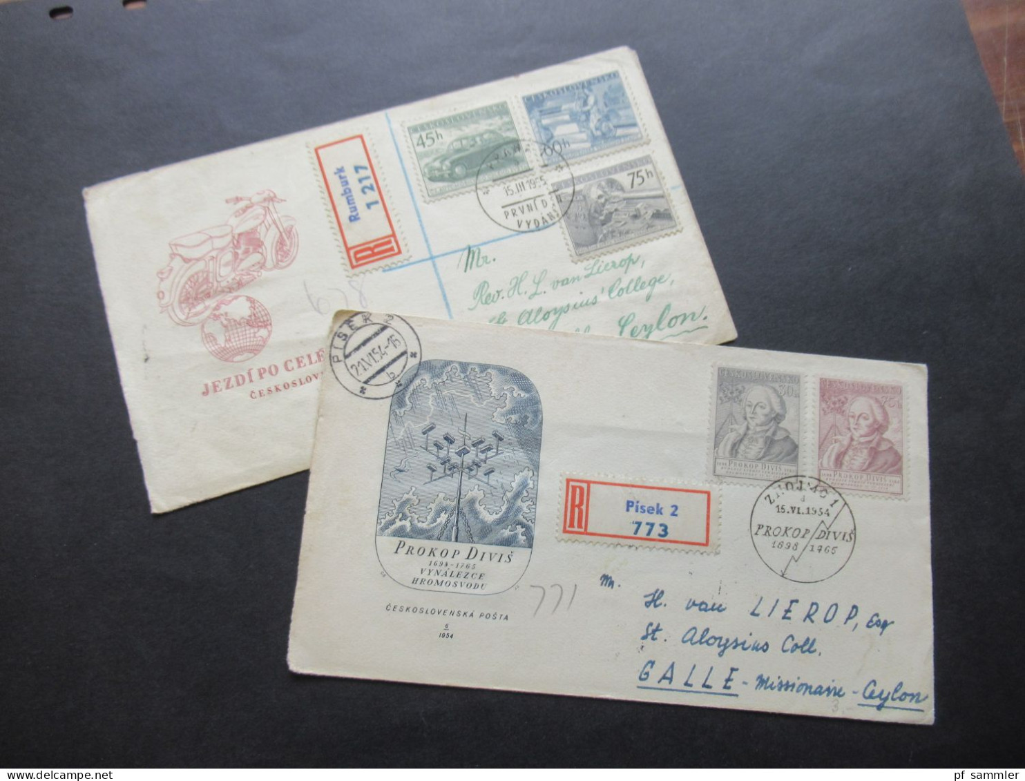 CSSR 1954 / 55 2x Auslands - Überseebrief Einschreiben Rumburk Und Pisek Nach Galle Ceylon Viele Stempeln Rückseitig - Covers & Documents