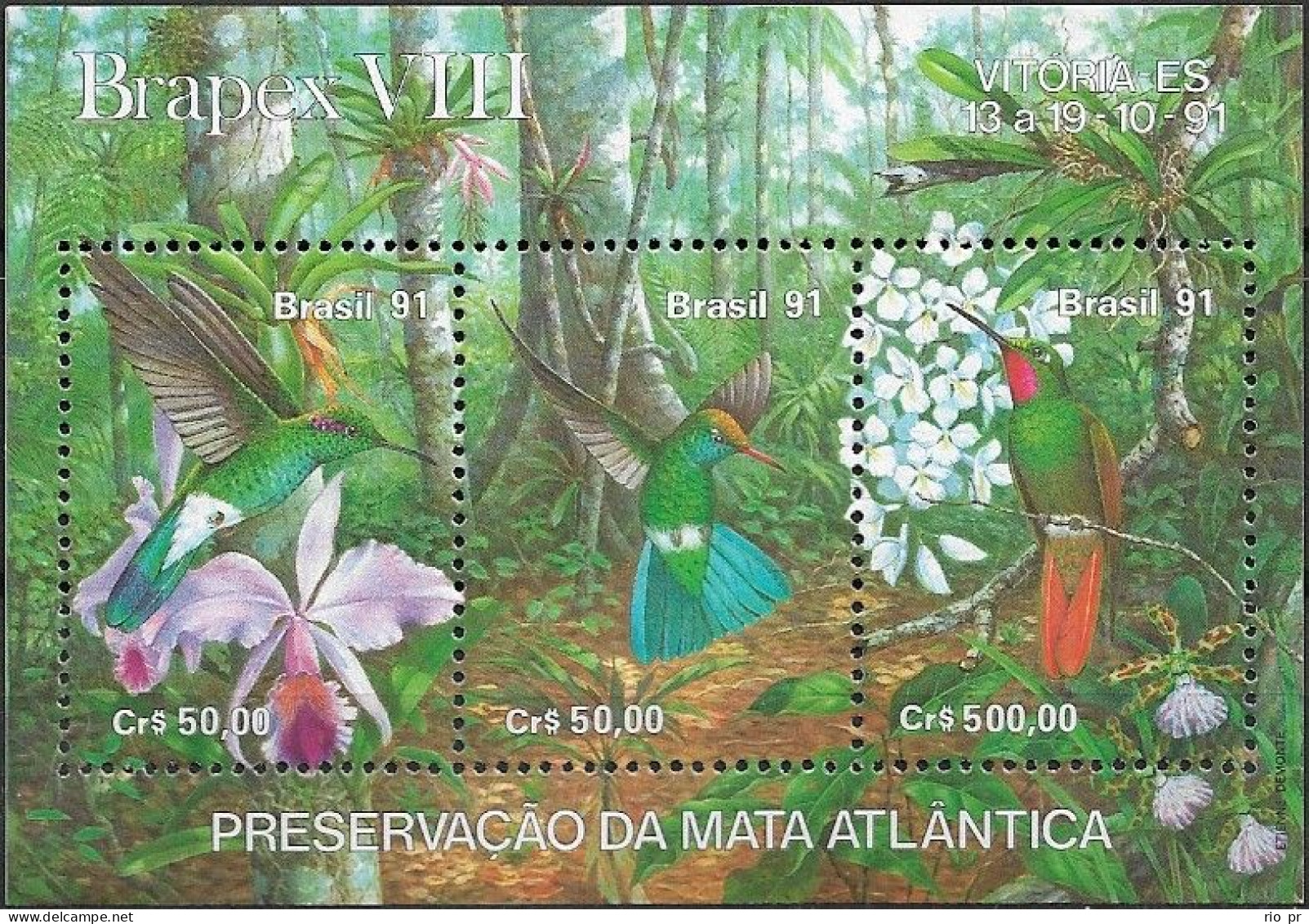 BRAZIL - SOUVENIR SHEET NATIONAL PHILATELIC EXHIBITION BRAPEX'91 (HUMMINGBIRDS AND ORCHIDS) 1991 - MNH - Protection De L'environnement & Climat