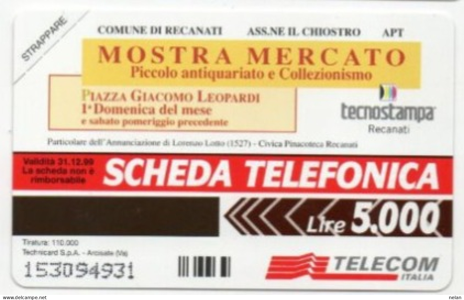 SCHEDA TELEFONICA  - ITALIA - TELECOM  - RECANATI ANTIQ - NUOVA - Public Ordinary