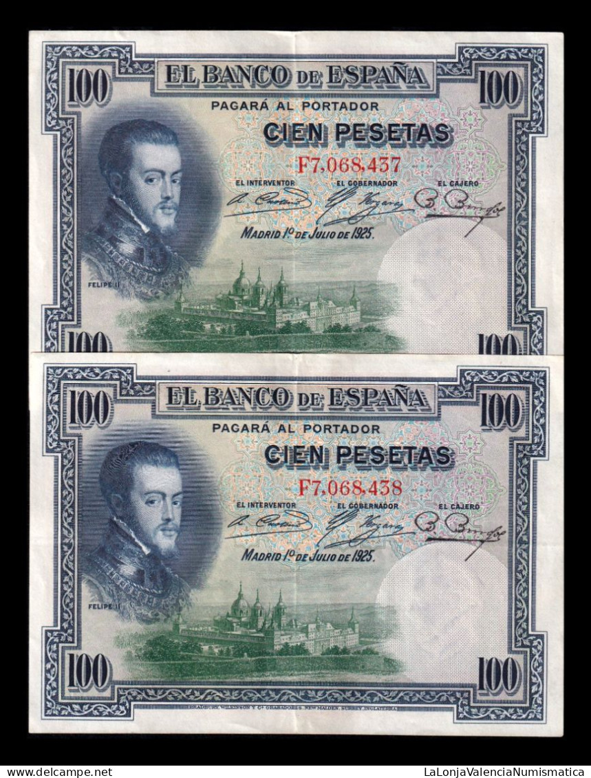 España Spain Pareja Correlativa 100 Pesetas Felipe II 1925 Pick 69c(1) Serie F Ebc Xf - 100 Pesetas