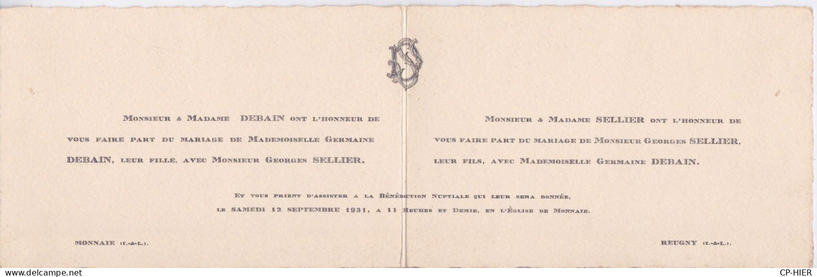 FAIRE-PART DE MARIAGE - BENEDICTION NUPTIALE DU 12 SEPTEMBRE 1931 EGLISE DE MONNAIE 37 - INDRE ET LOIRE - Mariage