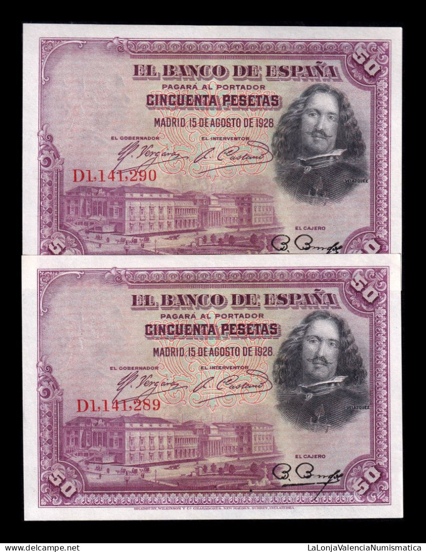 España Spain Pareja Correlativa 50 Pesetas Velázquez 1928 Pick 75b Ebc+ Xf+ - 50 Pesetas