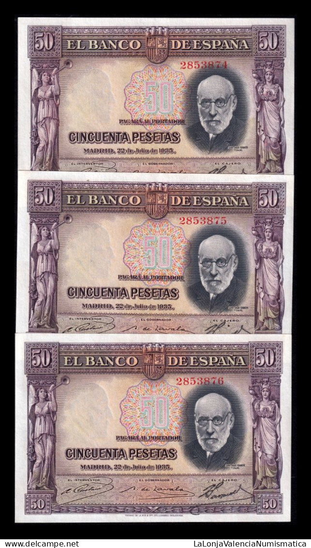 España Spain Trio Correlativo 50 Pesetas Santiago Ramón Y Cajal 1935 Pick 88 Ebc+ Xf+ - 50 Peseten