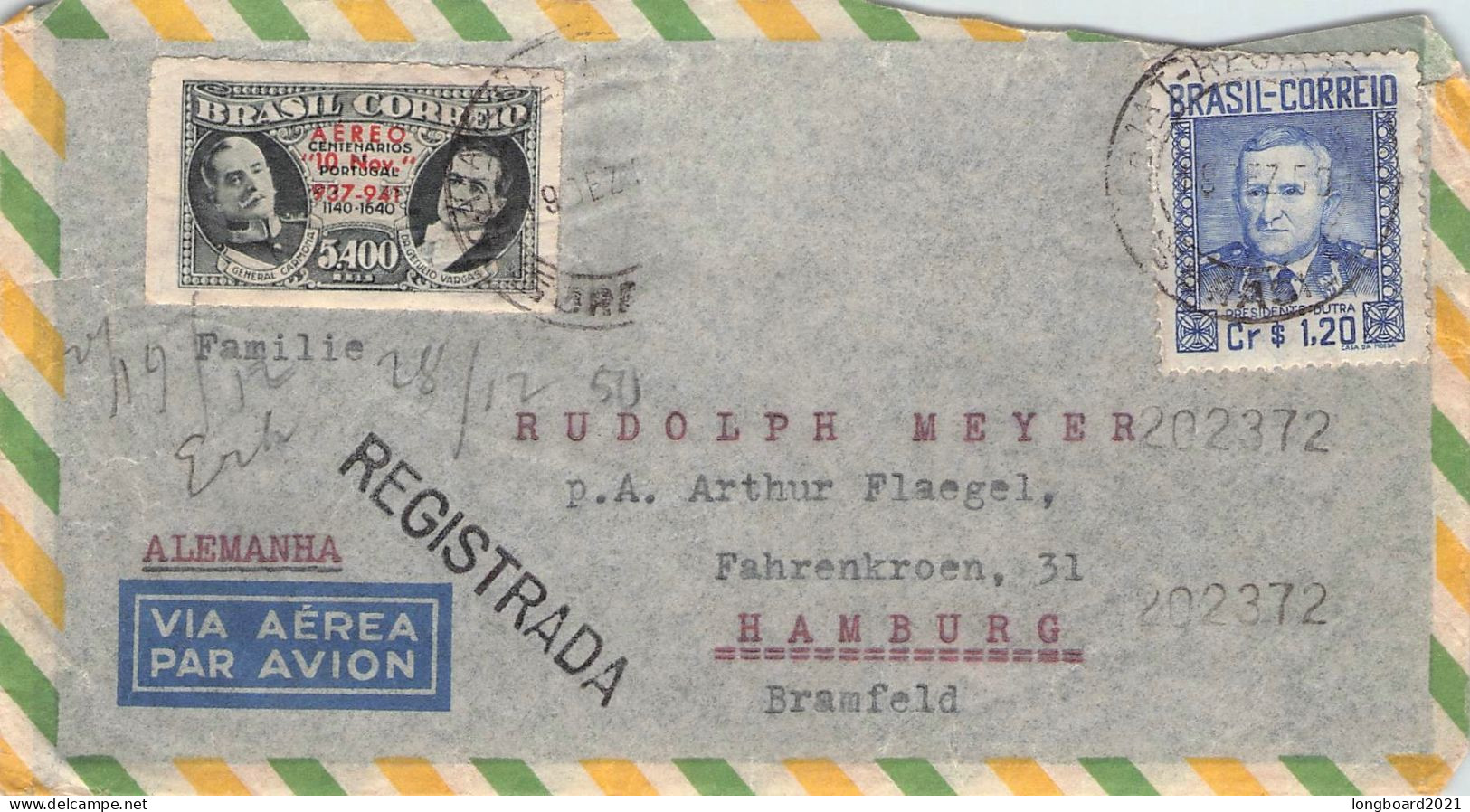 BRAZIL - AIRMAIL Ca 1950 - HAMBURG/DE / *1140 - Lettres & Documents